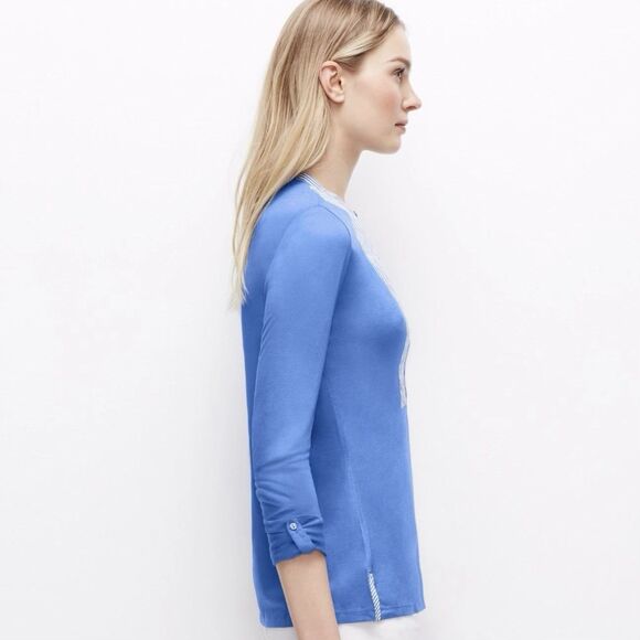 NWT Ann Taylor Jersey Knit Blue Striped Cotton Bib Long Sleeved Top XSP Petite - Picture 4 of 10